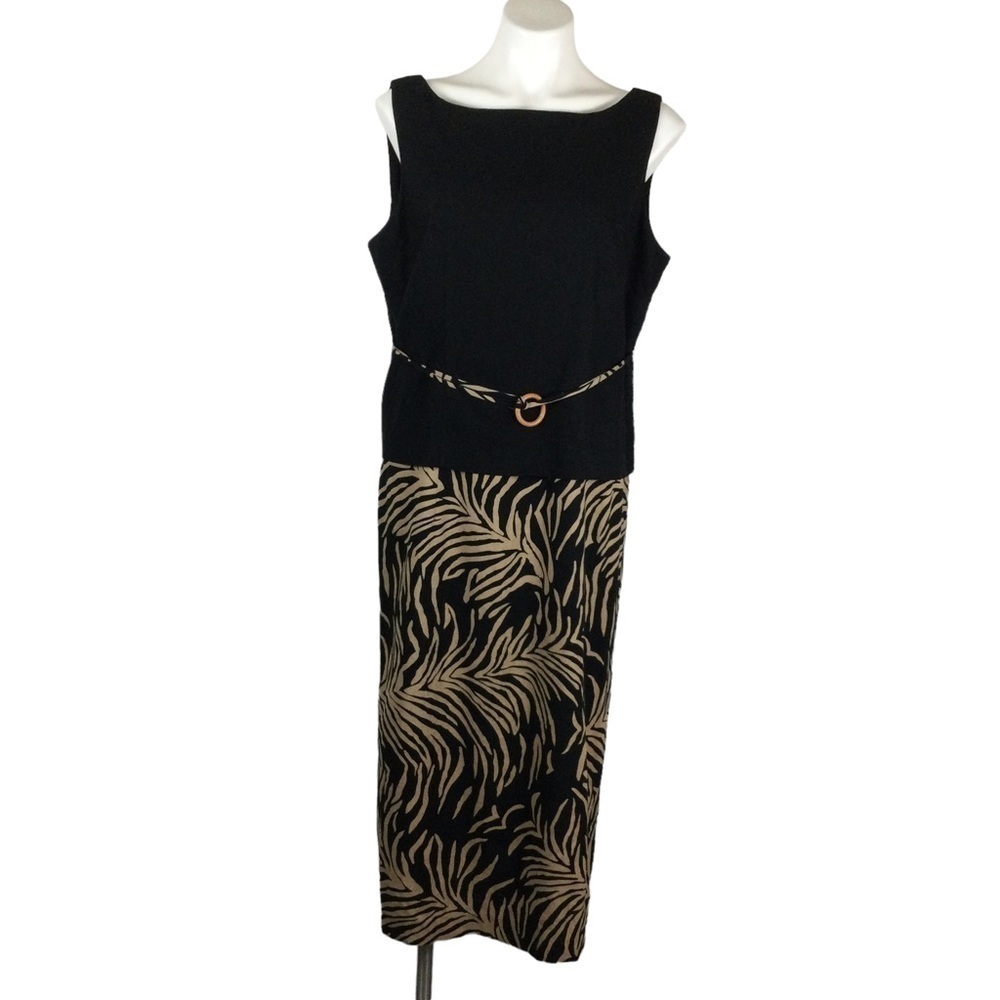 Courtenay Linen Blend Black Tan Leaf/Zebra Print Belted Women Dress Size 14 P